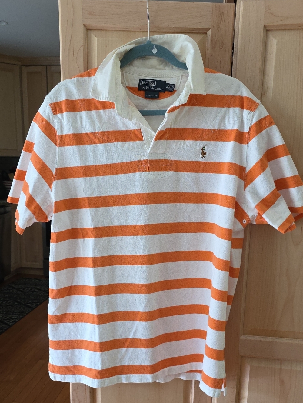 New men's Polo by Ralph Lauren Orange and White Striped Rugby Polo